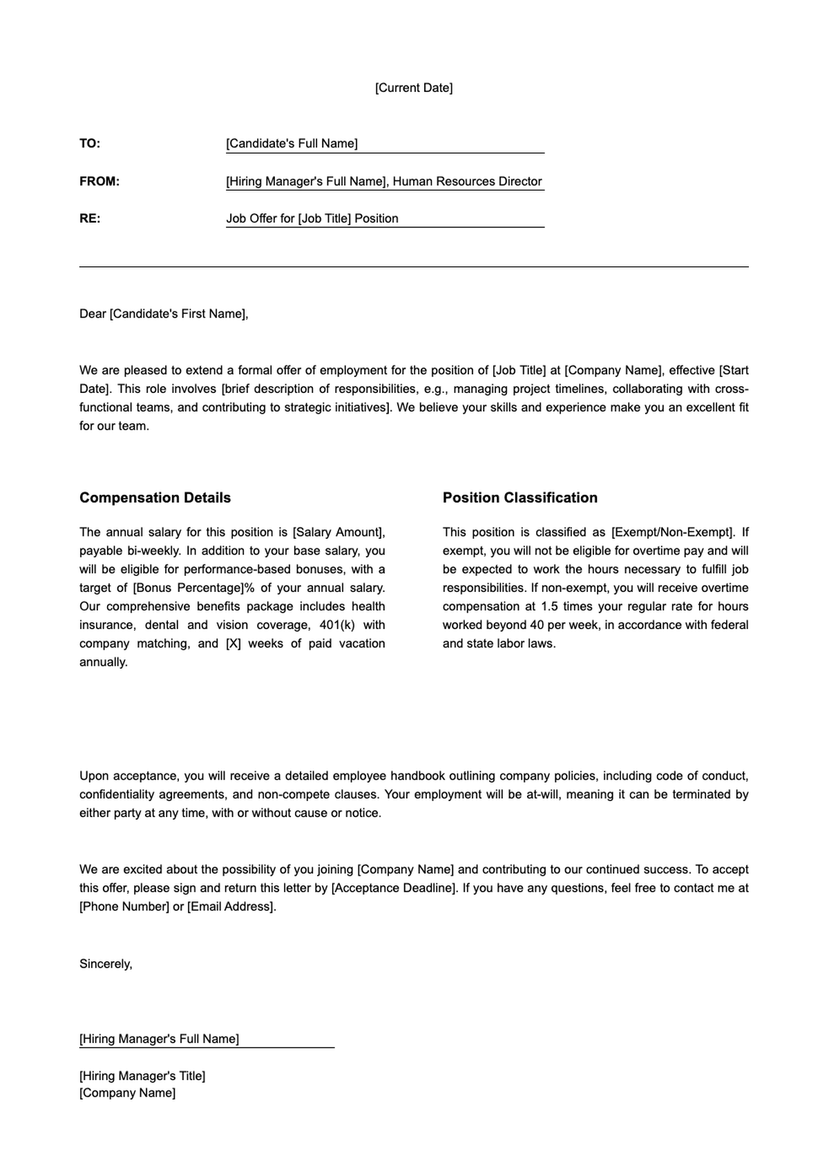 Basic job offer letter template with exempt and non exempt options_variant_3